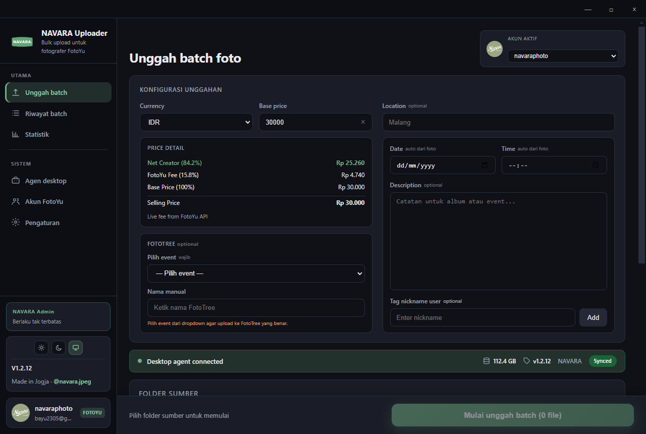 Tampilan utama NAVARA Uploader — halaman Unggah batch