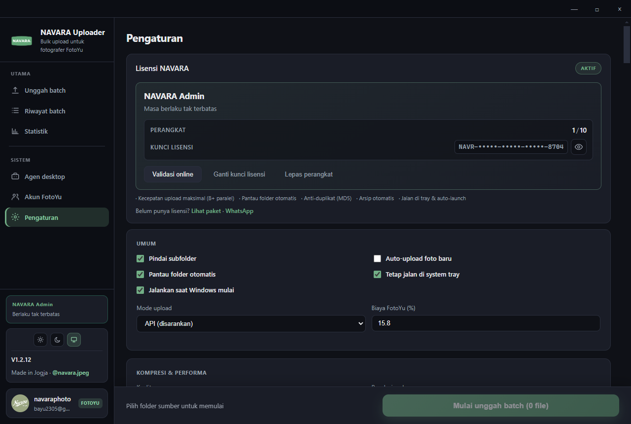 Halaman Pengaturan NAVARA Uploader