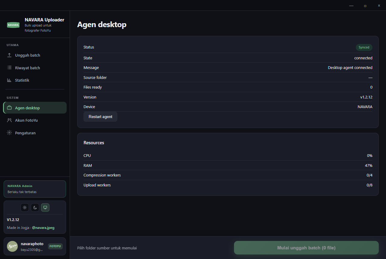 Halaman Agen desktop NAVARA Uploader