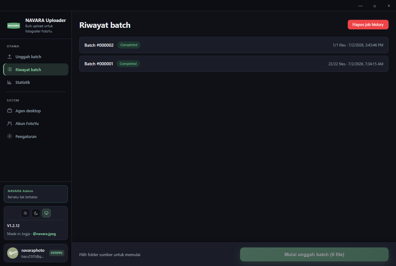 Halaman Riwayat batch NAVARA Uploader