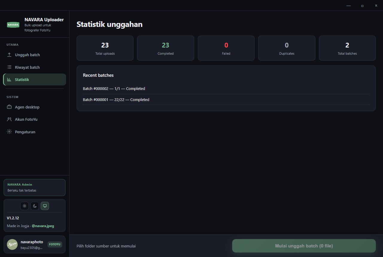 Halaman Statistik unggahan NAVARA Uploader